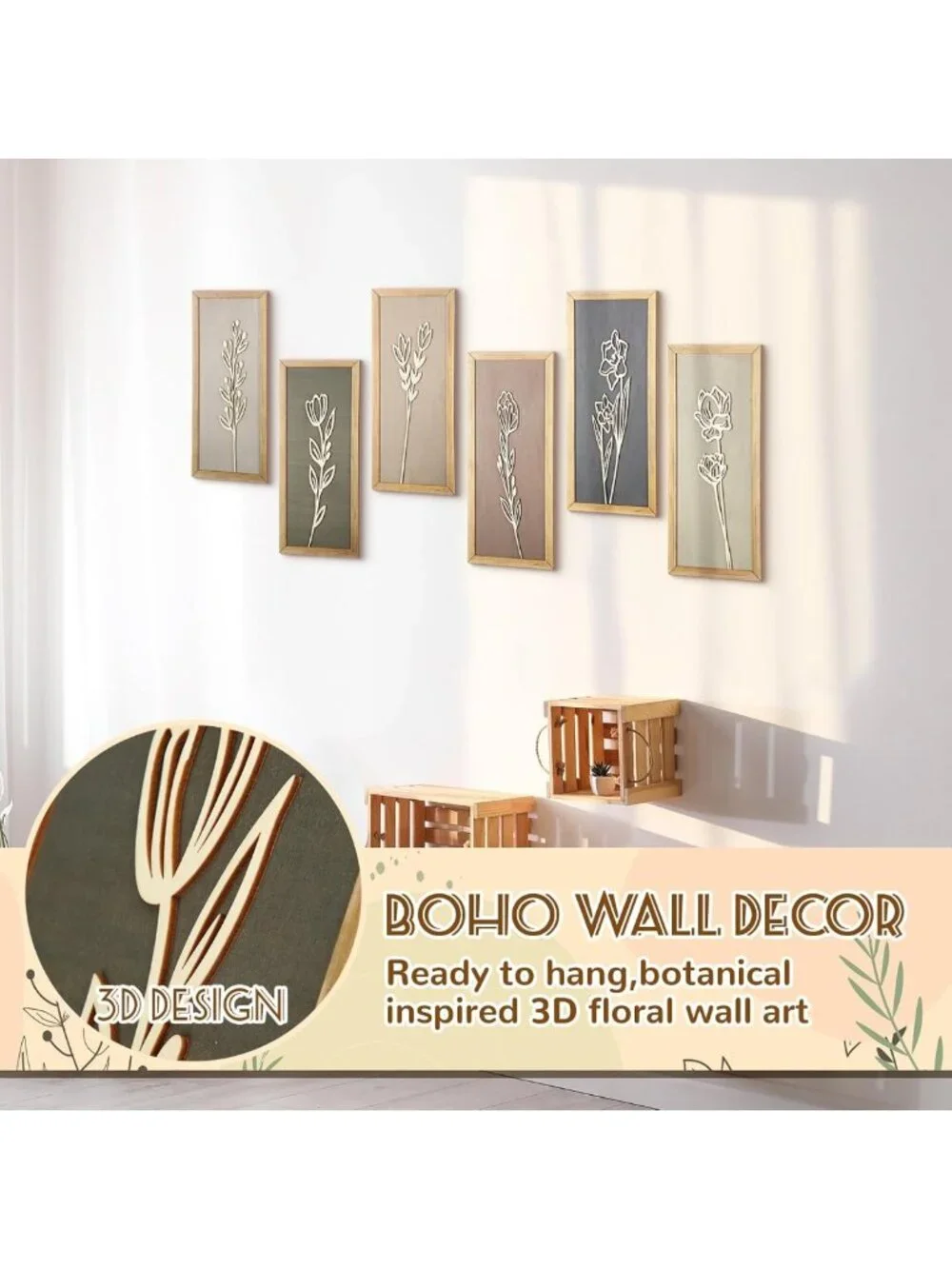 6 Pcs 3D Boho Floral Wall Art - Rustic Vintage Decor for Home, Bedroom & Kitchen
